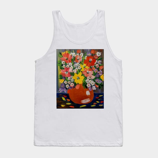 So painted a beautiful bouquet of mixed flowers in a silver vase . Using a natural background colors and metallic paints Tank Top by kkartwork